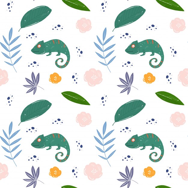 Tropical  leaves and hameleons pattern