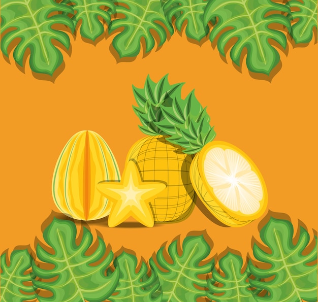 tropical leaves and pineapple and star fruit 