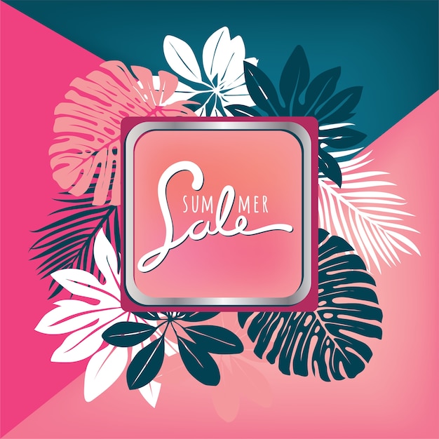 Vector tropical leaves on pink and blue background. teenager style