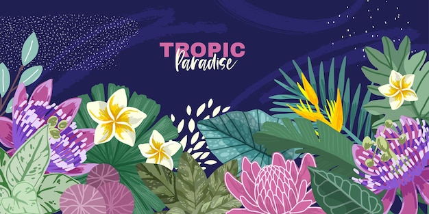 Tropical leaves and pink flowers background art