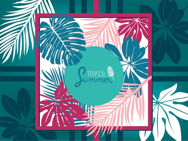 Tropical Leaves in pink frame and blue background