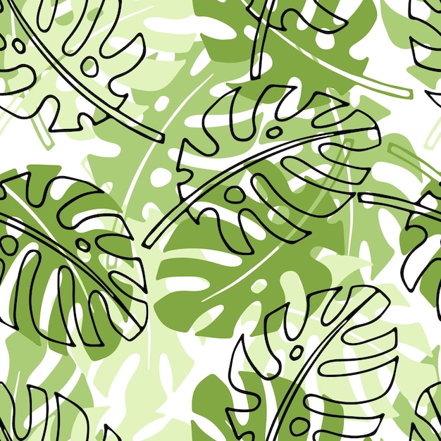 Tropical leaves seamless pattern doodle and flat sketch illustration floral botanical plants