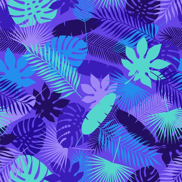 Tropical leaves seamless pattern. Palm leaf, monstera and other jungle plants.