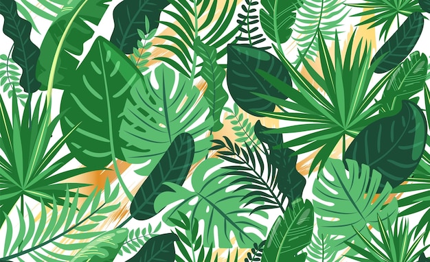 Vector tropical leaves seamless pattern tropical plants with golden abstract brush strokes jungle style