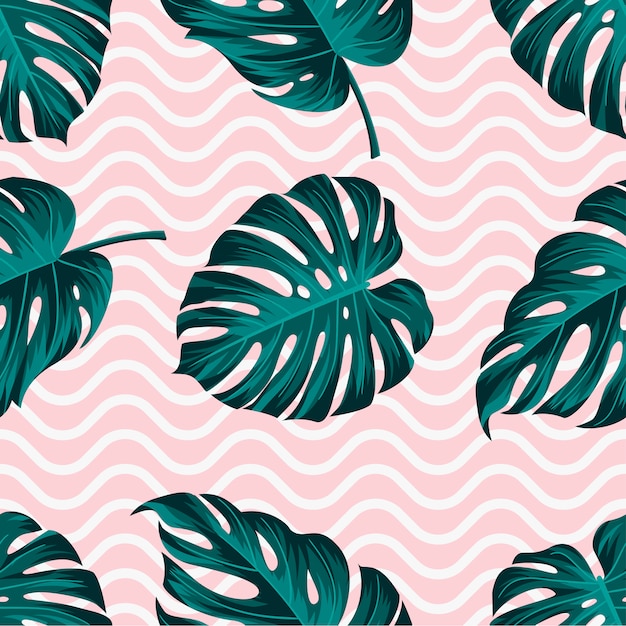 Tropical leaves seamless pattern with wavy lines