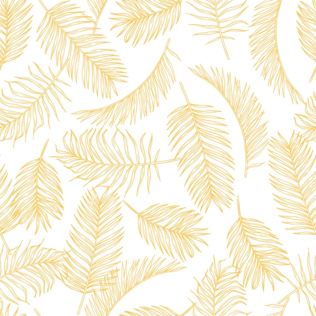 Tropical leaves sketch pattern. Hand drawn gold palm tree foliage  Exotic rainforest foliage  seamless pattern.