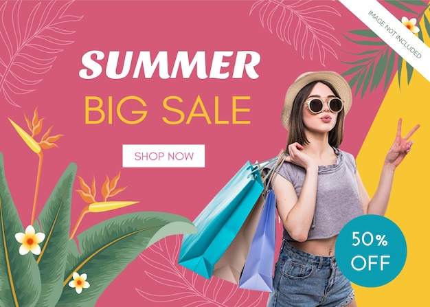 Vector tropical leaves summer banner with photo