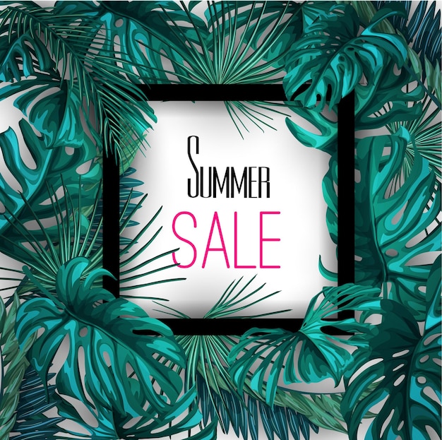 tropical leaves summer sale banner poster background template.