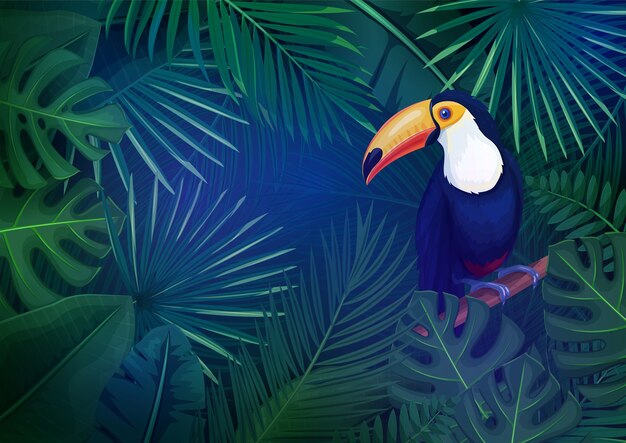 Tropical leaves and toucan layout. Concept with jungle banana leaf, exotic bird and areca palm for summer advertising vacation. 