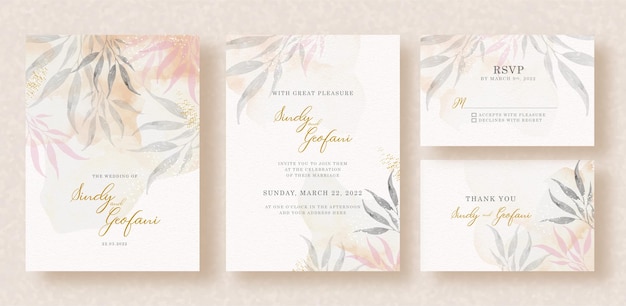 Tropical leaves watercolor painting with splash background on wedding invitation card