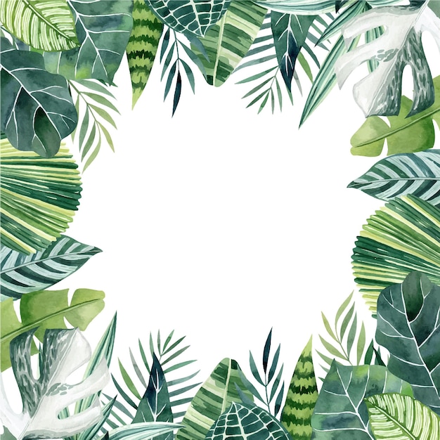 Tropical leaves watercolor square vector frame with copy space Inner border for wedding invitations