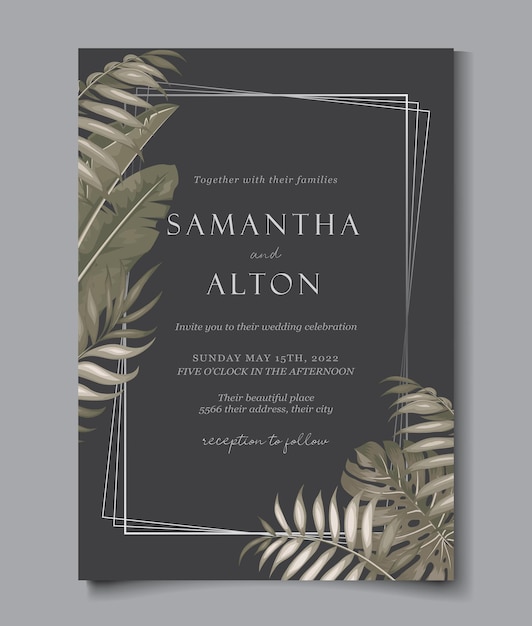 Вектор Дизайн свадебной открытки с тропическими листьями