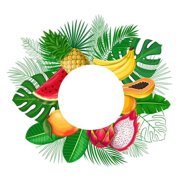 Tropical leaves with exotic fruit frame copy space. jungle exotic leaf cut round sale poster with outline areca palm, monstera leaves, pitaya, papaya, pineapple, banana, mango and watermelon.
