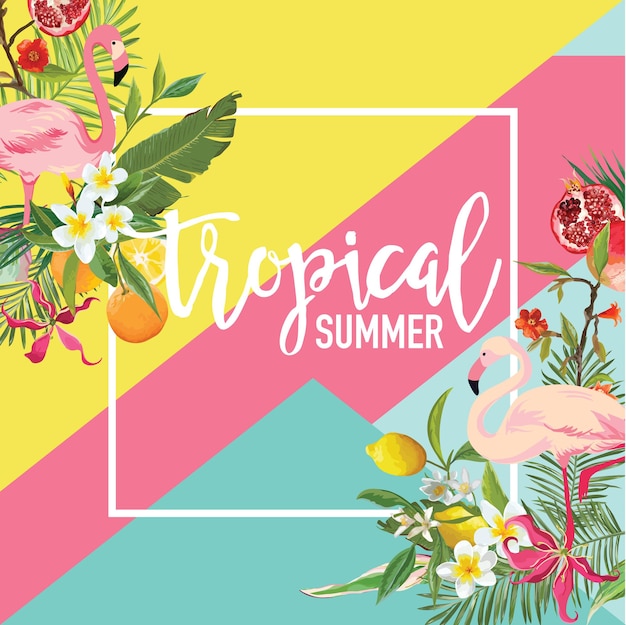 Vector tropical lemon, pomegranate fruits, flowers and flamingo birds summer banner, graphic background, exotic floral invitation, flyer or card. modern front page