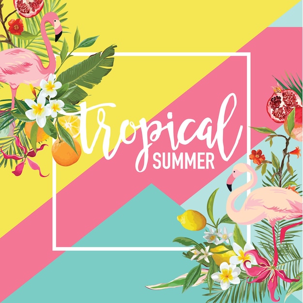 Limone tropicale, frutti di melograno, fiori e uccelli fenicotteri banner estivo, sfondo grafico, invito floreale esotico, volantino o biglietto. prima pagina moderna