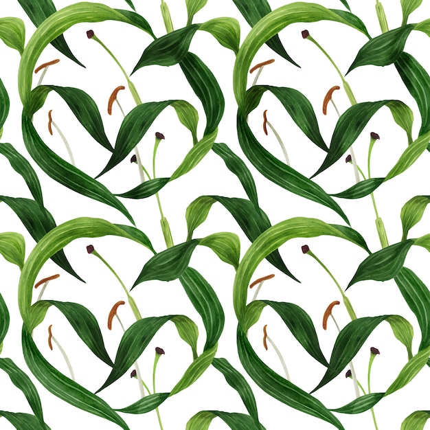 Tropical lily leaves watercolor seamless pattern