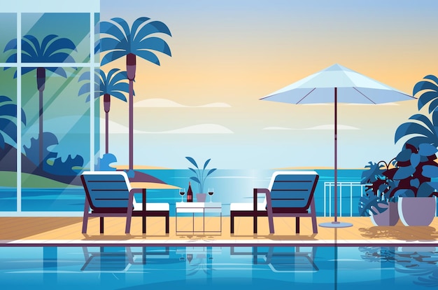 Vector tropical luxury resort hotel beach swimming pool and poolside seating area summer vacation concept