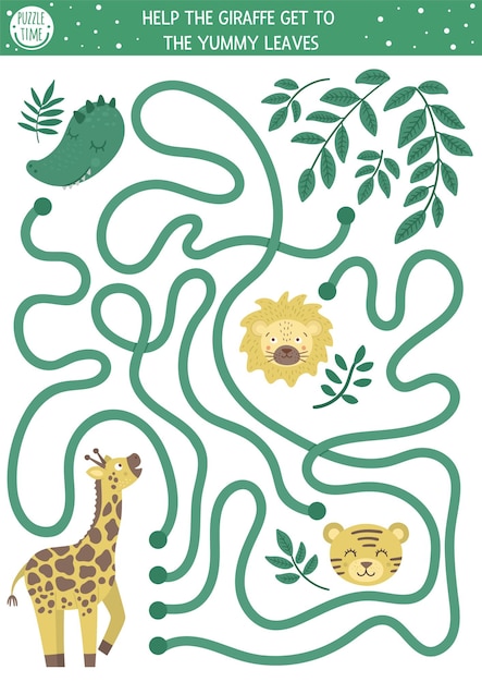 Tropical maze for children. preschool exotic activity. funny jungle puzzle. help the giraffe get to the leaves.