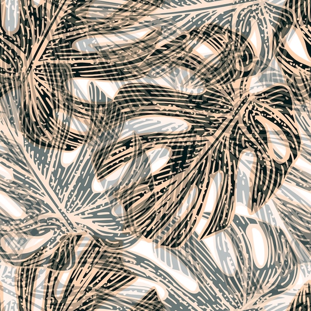열 대 몬스테라 잎 원활한 패턴 정글 잎 배경 직물 포장지 패션 인테리어 벽지 조직 벡터 일러스트 레이 션 인쇄에 대 한 반복 된 이국적인 디자인 질감