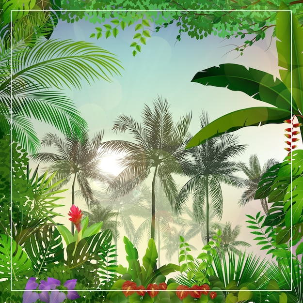 Tropical morning landscape with palm trees and leaves