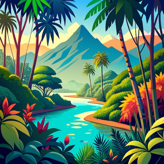 Vettore illustrazione vettoriale di una scena naturale tropicale della foresta pluviale