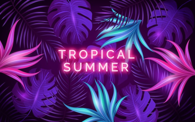 Vector tropical neon lettering with leaves