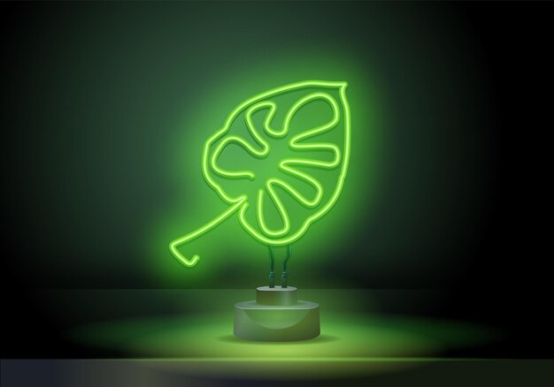 Vector tropical neon palm leaves glowing sign of monstera exotic leaves vector illustration advertising tra...