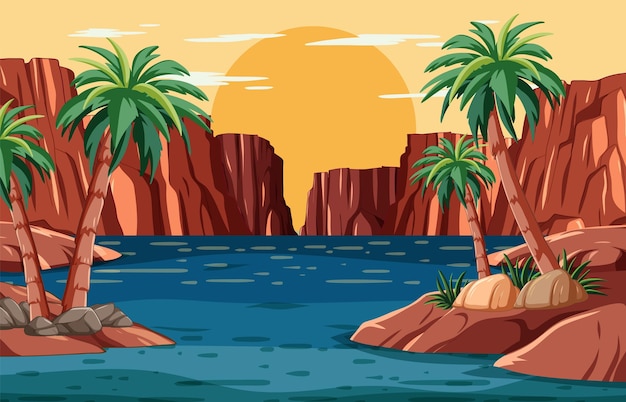 Vector tropical oasis at sunset