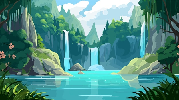 tropical oasis with lush greenery and a cascading waterfall with lagoon cartoon illustration