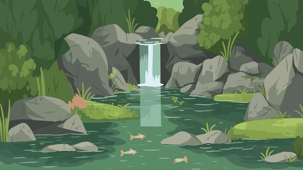 Vector tropical oasis with lush vegetation cascading waterfall and turquoise lagoon cartoon illustration