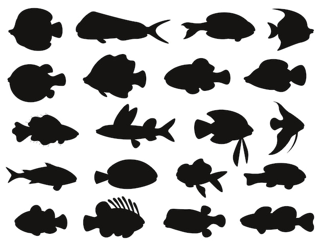 Vector tropical ocean exotic aquarium fishes gold fishes tetra barb angelfish lionfish isolated silhouettes