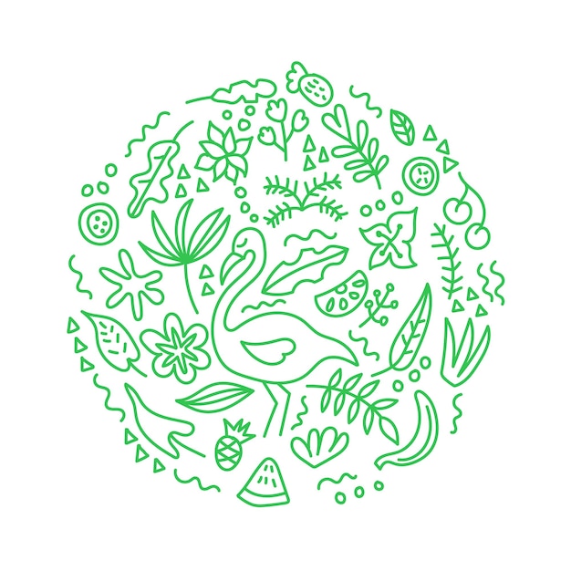 熱帯の装飾品フラミンゴフルーツ落書き装飾品刻まれた円花エキゾチックな葉