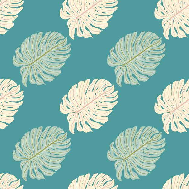 Modello senza cuciture di foglie di palma tropicale con forme di foglie di monstera. sfondo turchese. fondale decorativo per il design del tessuto, stampa tessile, avvolgimento, copertina. illustrazione vettoriale.