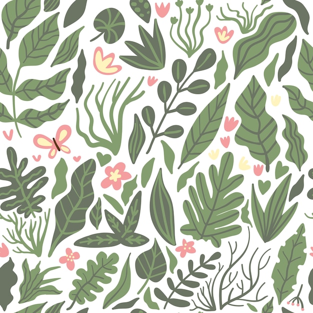 Тропические пальмовые листья джунглей бесшовные векторные цветочный узор фона с цветами и бабочкой на белом