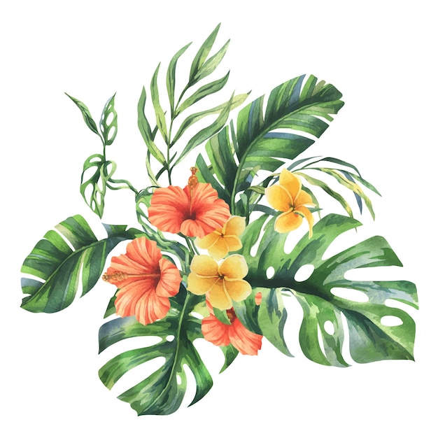 Tropical palm leaves monstera and flowers of plumeria hibiscus bright juicy hand drawn watercolor