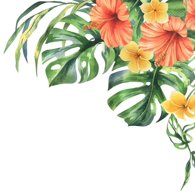 Vector tropical palm leaves monstera and flowers of plumeria hibiscus bright juicy hand drawn watercolor