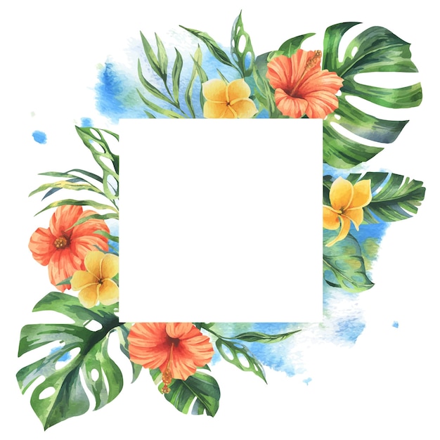 Vector tropical palm leaves monstera and flowers of plumeria hibiscus bright juicy hand drawn watercolor