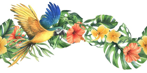 Vector tropical palm leaves monstera and flowers of plumeria hibiscus bright with blueyellow macaw parrot