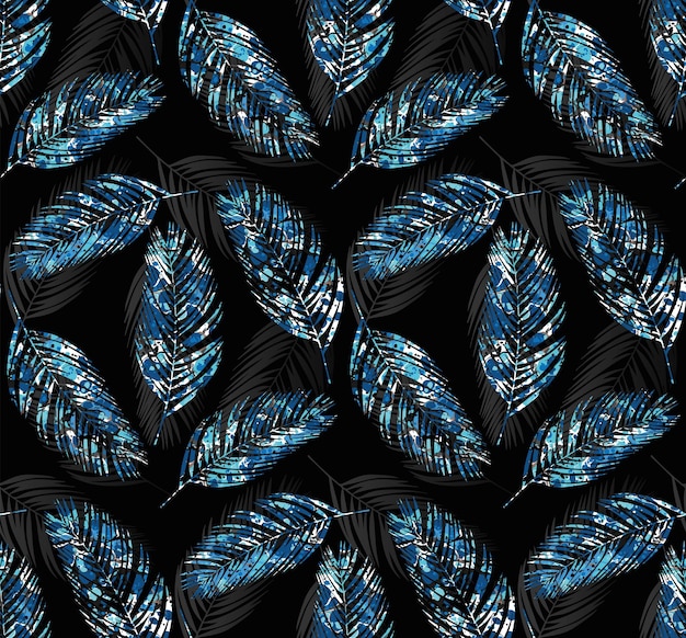 Tropical palm leaves seamless pattern, classic blue color, marbling effect, vector illustration