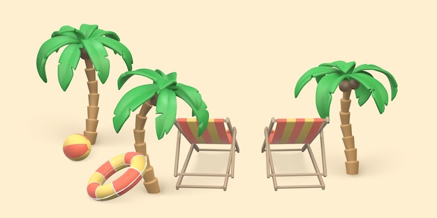 tropical palm tree swim ring swim ball and deck chairs on white background summer 3d realistic objects vector illustration