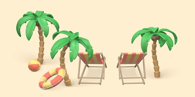 Tropical palm tree swim ring swim ball and deck chairs on white background Summer 3d realistic objects Vector illustration