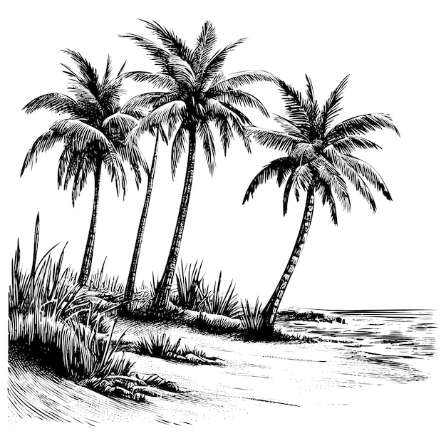 Tropical palm trees black silhouettes and outline contours isolated on white background vector