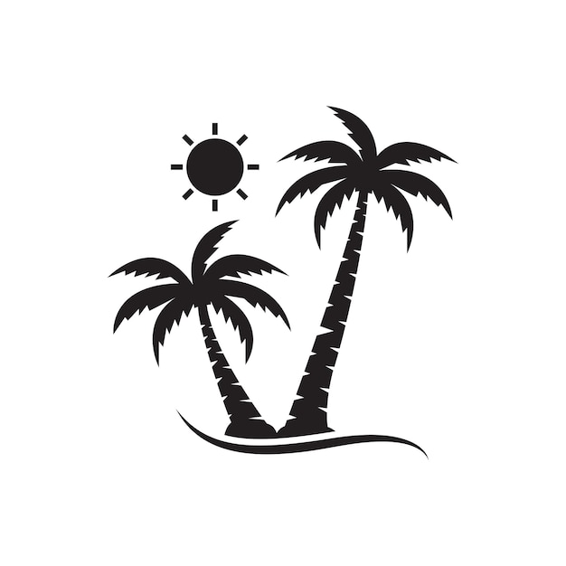 Tropical palm trees, black silhouettes and outline contours on white background