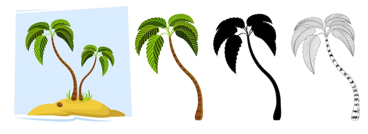 Vector tropical palm trees illustration of a palm tree black silhouettes and outline contours isolated