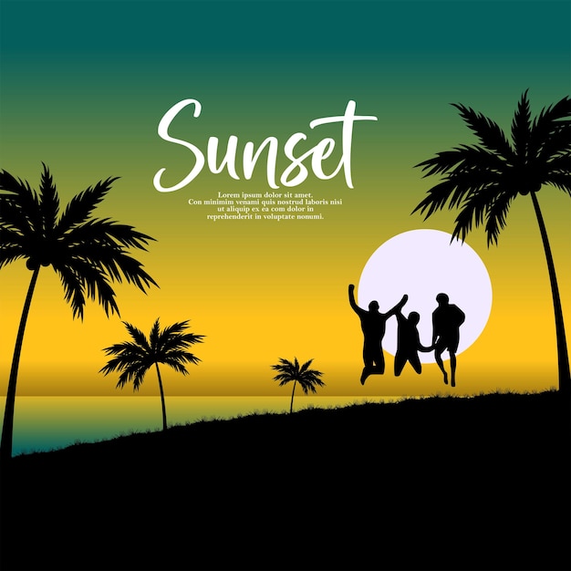 Tropical palm trees and silhouettes of travelers vector