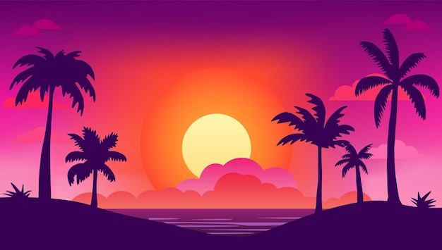 Tropical palm trees at sunset on the ocean beautiful landscape sky interesting vector illustratio