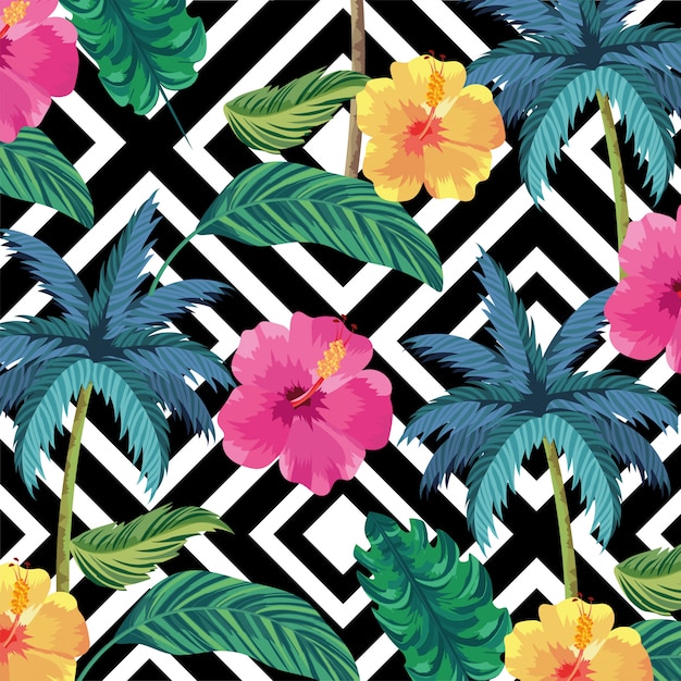 Vector tropical palms with flowers and leaves background