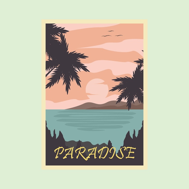 Tropical paradise beach vintage poster illustration design vintage travel design