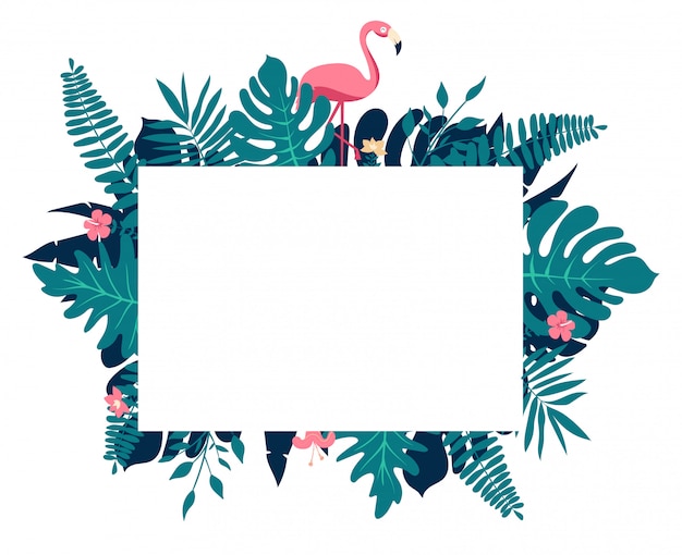Tropical paradise composition, rectangular border frame with text placeholder