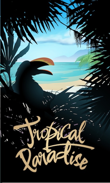 Design paradiso tropicale con mare e palme. illustrazione vettoriale